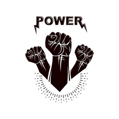 Clenched fists of angry people vector emblem. People demonstration, fighting for their rights and freedom.
