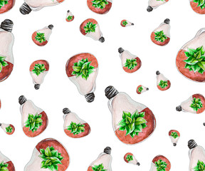 Florarium watercolor drawing seamless pattern. Concept of alternative energy