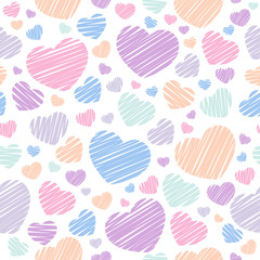 Childish hearts background in pastel colors. Stylish print with hand drawn hearts. Vector illustration. Seamless pattern.