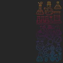 Vector set of chemistry, science icons. Pattern with laboratory equipment images.