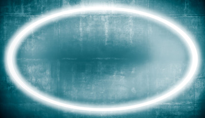 Neon frame abstract round, glowing light on concret wall. 3d rendering.