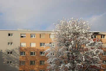 Winter in the suburb. Salzburg, district of Lehen, Austria, Europe.
