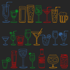 Vector set of popular cocktails for the menu. Doodle style icons.