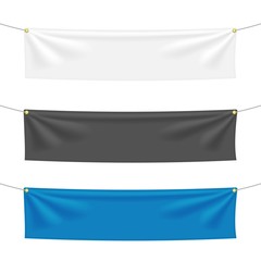 Black, white and blue textile banners with folds