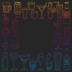 Vector set of popular cocktails for the menu. Doodle style icons.
