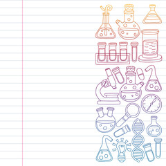 Vector set of chemistry, science icons. Pattern with laboratory equipment images.