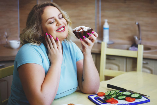 Fat Woman Feeling Guilty While Eating Junk Food