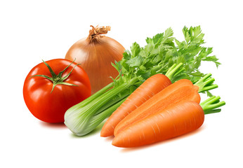 Celery, tomato, onion and carrot isolated on white background