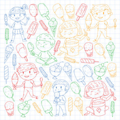 Small children eating ice cream. Sweet strawberry candy for kids. Tasty vanilla, orange, kiwi dessert.