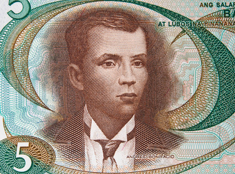 Andres Bonifacio portrait on Philippine 5 peso (1969) close up. Philippines revolutionary leader, Father of the Philippine Revolution..