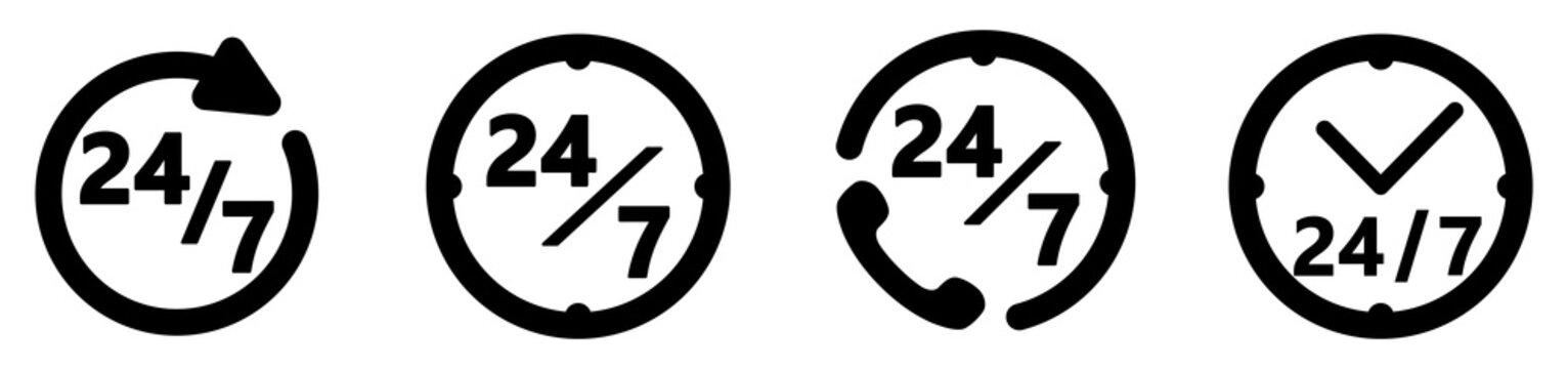 24/7 services icon. Simple circle / clock drawing with text. Four different versions.