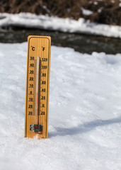 Wooden thermometer standing in ice on partially frozen river, sun shining, showing +3 degrees. Image to illustrate winter leaving, snow slowly thawing, warmer days coming