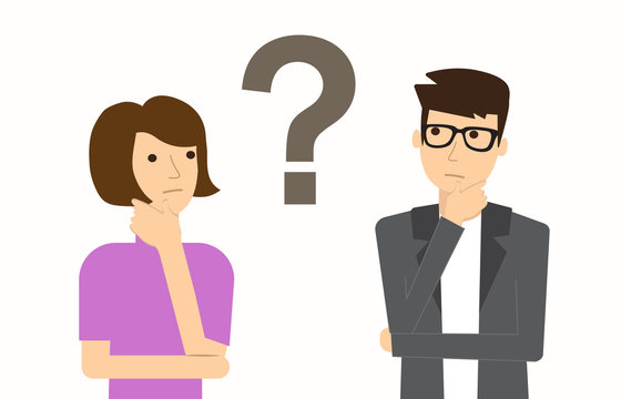 Couple of man and woman having a question. Thinking. Vector illustration