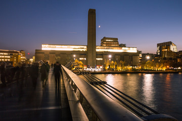 Tate Gallery Museum and River Thames at Dusk with Moon Crescent