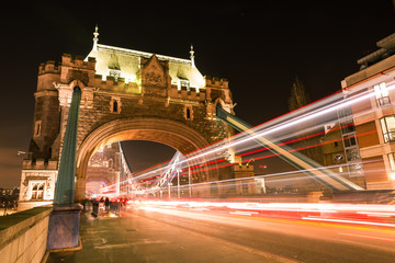 Fototapeta na wymiar London Double Decker Bus Light Trails on Tower Bridge Road at Night