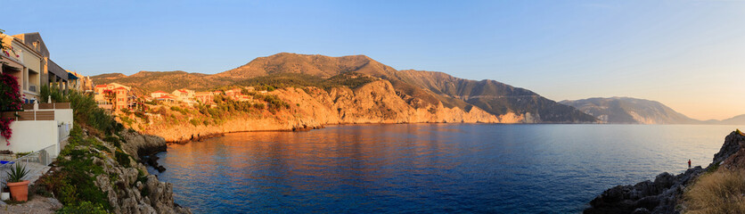 Panoramic seaview of beautiful village Assos in Kefalonia, Ionian Islands, Greece. Sunset