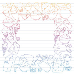 Dairy products. Doodle icons. Diet, breakfast. Milk, yogurt, cheese, ice cream, butter. Eat fresh healthy food and be happy.