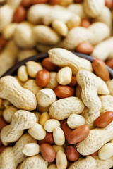Peanuts in the shell and peeled close-up in cups. Roasted peanuts in their shells and peeled against a brown cloth.