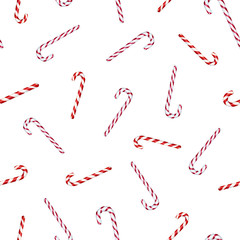 Seamless pattern with striped candy cane. Red and white caramel. Hand-drawn with markers and watercolors on white background.