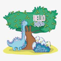 cute brontosaurus with dino eggs and tree © Stockgiu