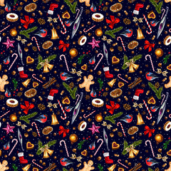 Obraz premium Festive seamless pattern with winter holiday attributes on dark blue background with white snow dots. Illustration of gingerbread, bullfinch, cookies, candy cane, sweets, nuts, red bow, bell. 