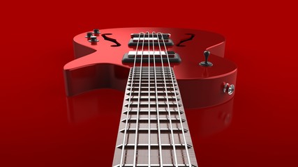 セミアコギター　フレット　クローズアップ　赤背景 © nao5970
