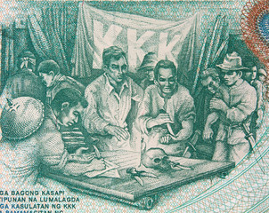 Blood Compact of the Katipuneros on Philippine 5 peso (1969) close up. Katipunan was famous Philippines revolutionary society.