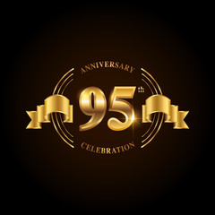 Fototapeta premium 95 years anniversary celebration logotype. Golden anniversary emblem with ribbon. Design for booklet, leaflet, magazine, brochure, poster, web, invitation or greeting card.