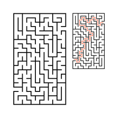 Abstract rectangular maze. Game for kids. Puzzle for children. One entrance, one exit. Labyrinth conundrum. Flat vector illustration isolated on white background. With answer.