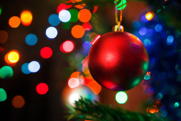 Ball on decorated Chrismas Tree, Pine, New year, chrismas lighs closeup