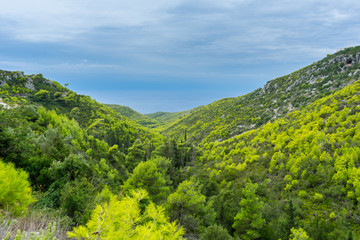 Greece, Zakynthos, Impressive green valley to the blue ocean