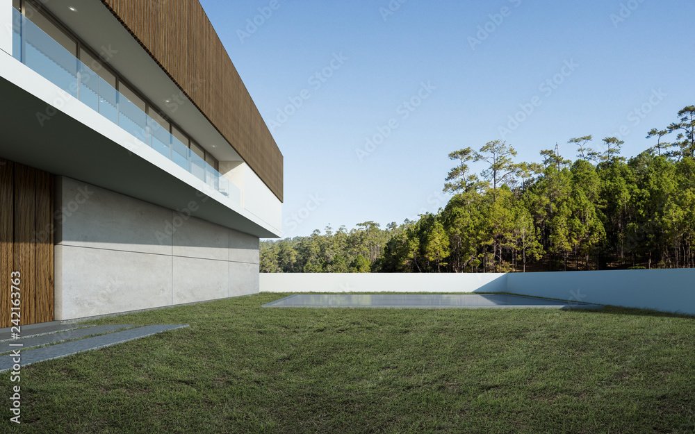 Poster Perspective of luxury modern house with swimming pool and lawn yard in day time, Idea of minimal architecture design. 3D rendering 