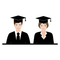 A man and a woman in a student's cap. Graduates in gown and graduation cap icon. flat style.