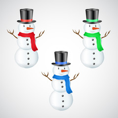 Snowman vector set isolated on white, Christmas holidays yard decoration, entertainment for kids, New Year symbol. Cartoon style character with carrot nose, warm scarf. Cute dcember celebration icon.
