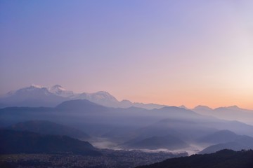 Fototapeta premium Morning View of the Annapurna Mountain Range and Pokhara Valley from Sarangkot Hill