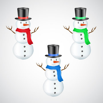 Snowman vector set isolated on white, Christmas holidays yard decoration, entertainment for kids, New Year symbol. Cartoon style character with carrot nose, warm scarf. Cute dcember celebration icon.