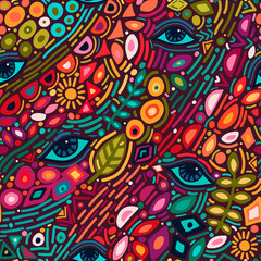 Seamless pattern with abstract botanical ethnic ornaments, florals and leaves. Handdrawn ornament lace backdrop.Floral oriental textile, fabric. Vector background - Vector