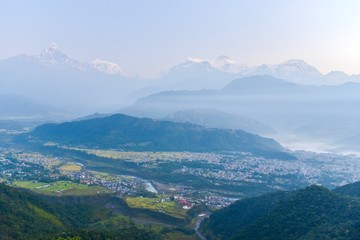 Picturesque Scenery of the Himalayas Range and Pokhara Valley from Sarangkot Hill