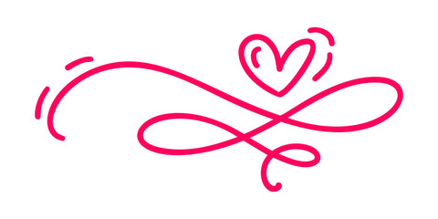 monoline Red vintage Vector Valentines Day Hand Drawn Calligraphic two Hearts. Calligraphy lettering illustration. Holiday Design divider element valentine. Icon love decor for web, wedding and print