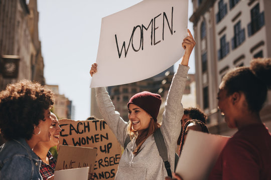 Women demonstrating at feminist protest