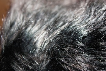 Black wool texture background, texture of gray fluffy fur, close-up of a long grey wool carpet