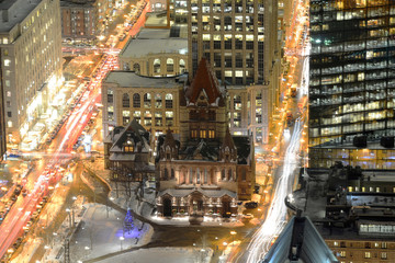 Aerial view of Boston Trinity Church at night, from the top of Prudential Center, Boston, Massachusetts, USA 