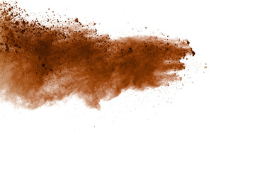 Fototapeta na wymiar Brown powder explosion on white background. Paint Holi.