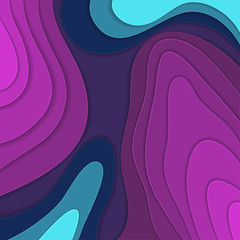 Colored paper waves, abstract, geometric background texture layers of depth in shades of blue and purple. Paper cut style.