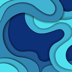 Colored paper waves, abstract, geometric background texture layers of depth in shades of blue.