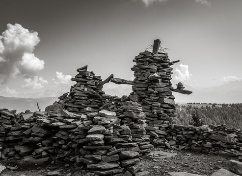 Fototapeta Stoanerne mandln in Sarntal Valley - Sarentino Valley - landscape in South Tyrol, northern Italy, Europe. Image in black and white.