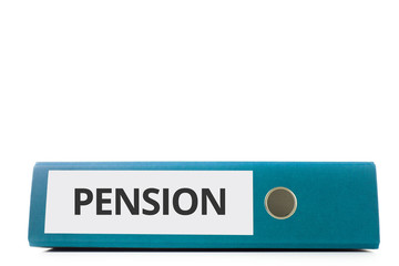 blauer liegender Aktenordner mit Beschriftung Pension vor hellem Hintergrund