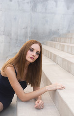 Beautiful red head model, classic model features, gorgeous blues eyes.