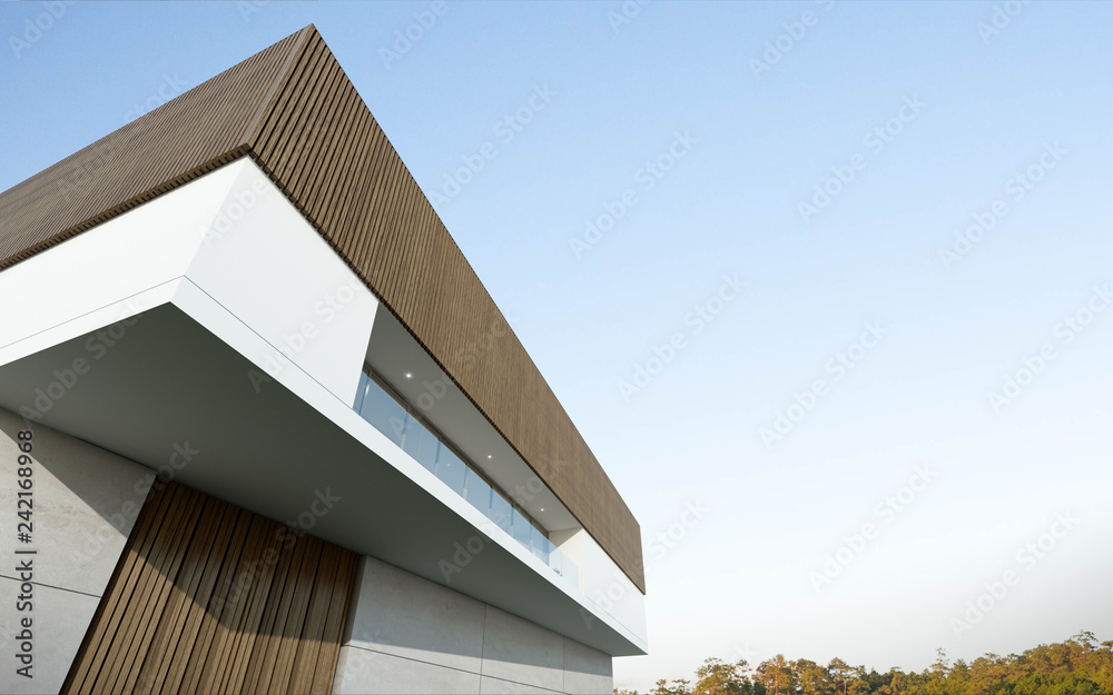 Aufkleber perspective of luxury modern house with swimming pool and lawn yard in day time, idea of minimal arc