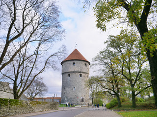 Retro vintage architecture six-story artillery tower in Historic Centre Old Town of Tallinn, Estonia